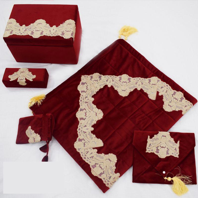 Maroon Prayer Mat Set (Embroidered lace)