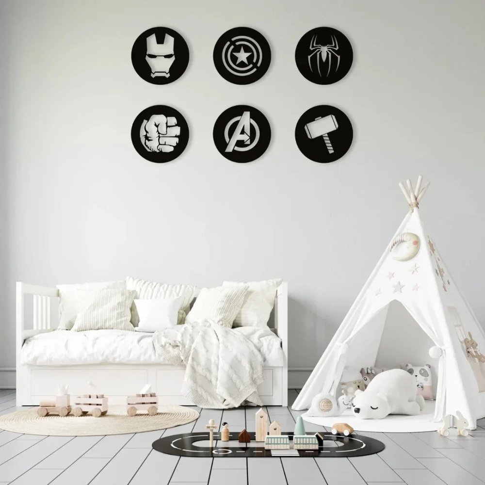 Avengers Metal Wall Art Set of 6, Geometric Nursery Wall Decor, 3D Metal Superhero Wall Hanging - myhomestore.com.pk