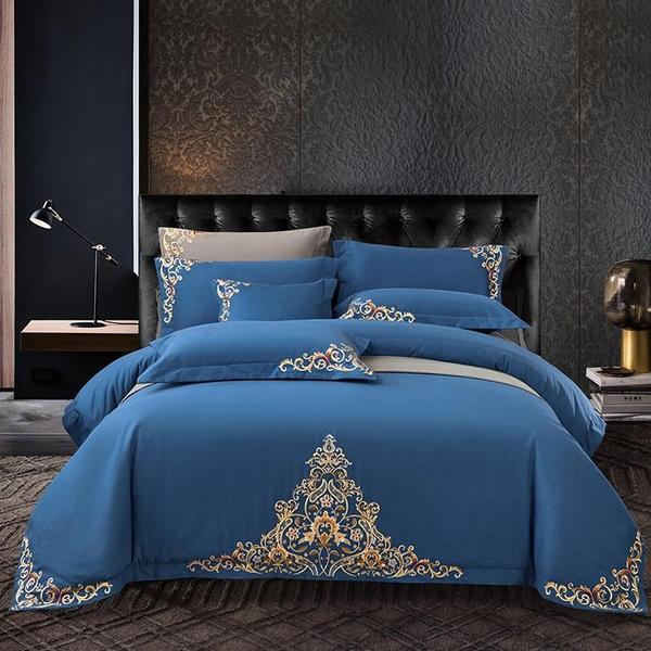 Blue Elegant Embroidered Cotton European Style Duvet Set - myhomestore.com.pk