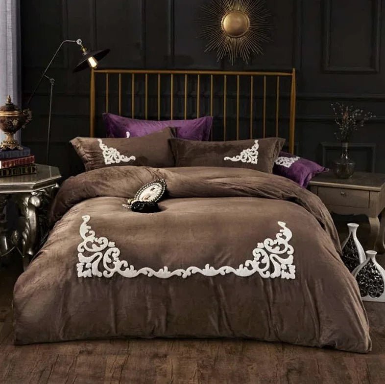 Brown Ruffle Embroidery Velvet Duvet Set - myhomestore.com.pk