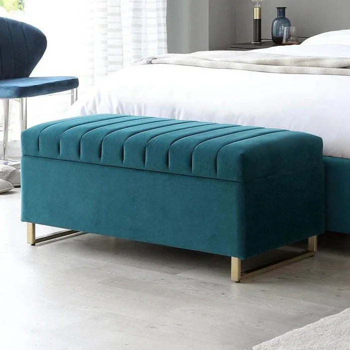 Dark Teal Velvet Ottoman Storage Bench - myhomestore.com.pk