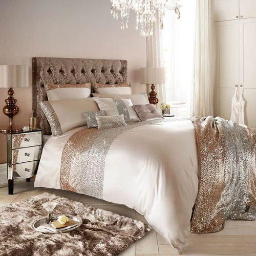 Luxury Beige Bridal Bedding Set With Golden Sequence