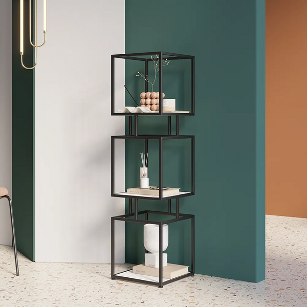3-Tier Modern Black Cube Bookcase with Metal Tower Display Shelf