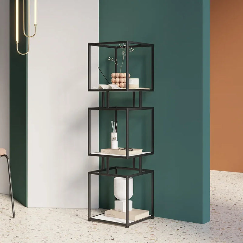 Black metal bookcase with glass shelves deals