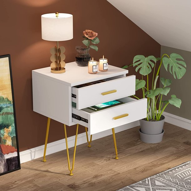 Tribesigns 2-Drawer White And Gold Nightstand