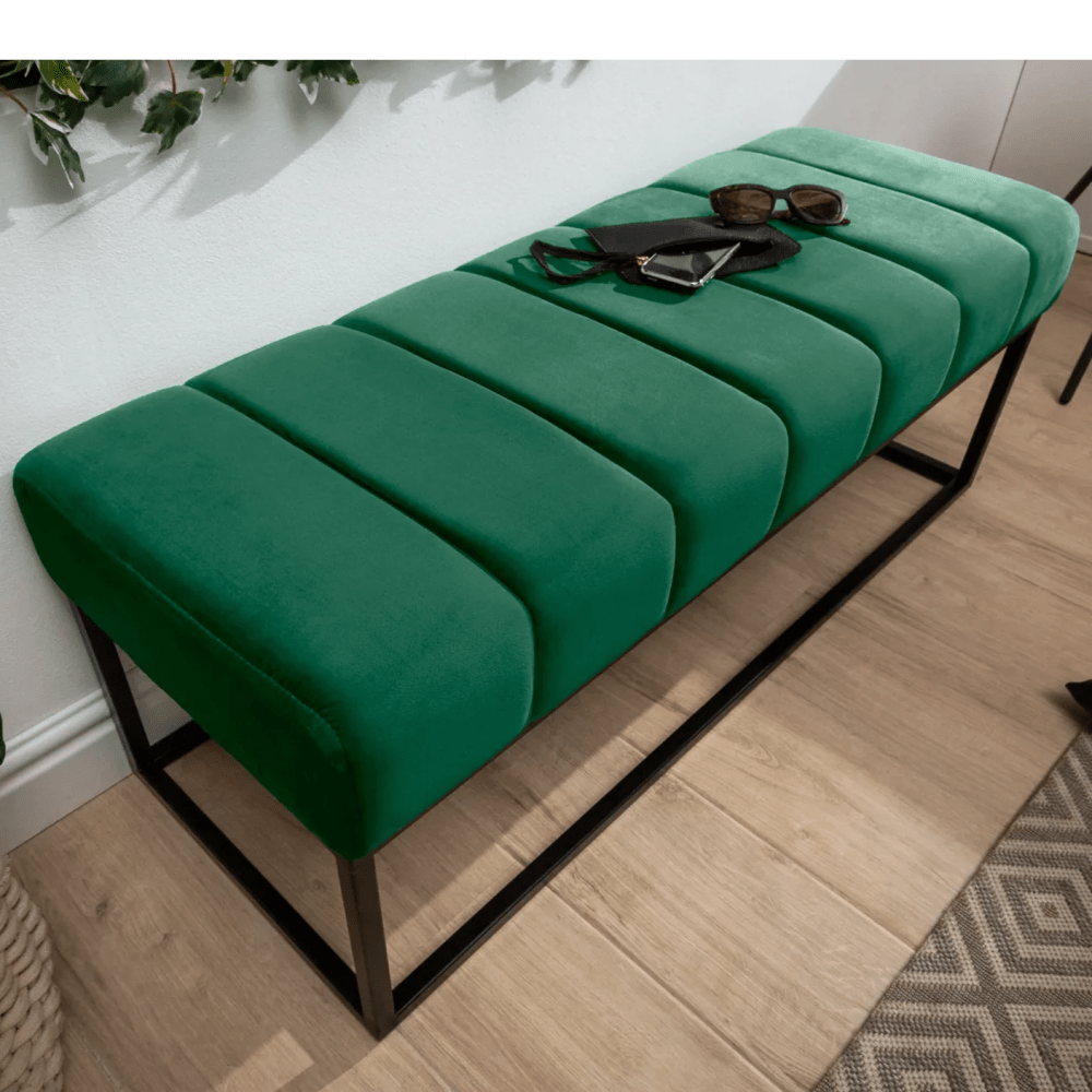 Elegant Green Upholstered Bench with Metal Frame - myhomestore.com.pk