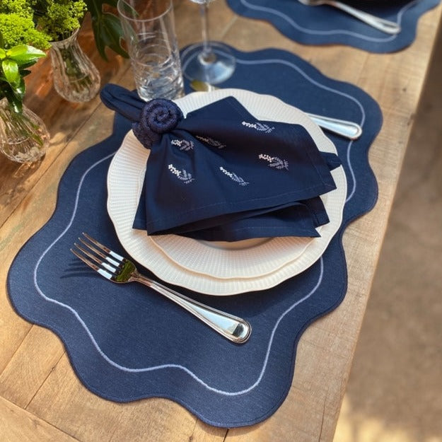 Navy Napkins with Off White and Blue Atena Small Flowers embroidered
