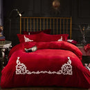 Cherry Red Ruffle Embroidery Velvet Duvet Set - myhomestore.com.pk