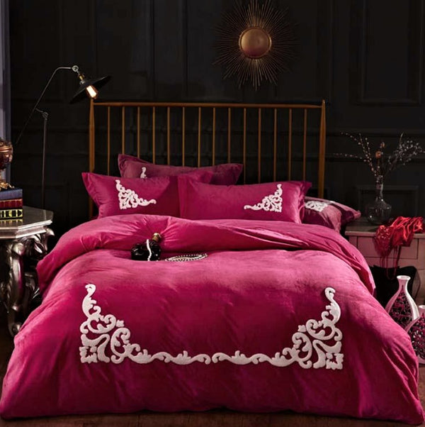 Dark Pink Ruffle Embroidery Velvet Duvet Set