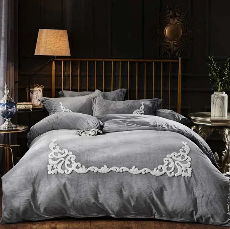 Grey Ruffle Embroidery Velvet Duvet Set - myhomestore.com.pk