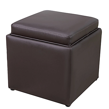 Square Storage Ottoman with Tray Faux Leather Upholstered Footrest Stool