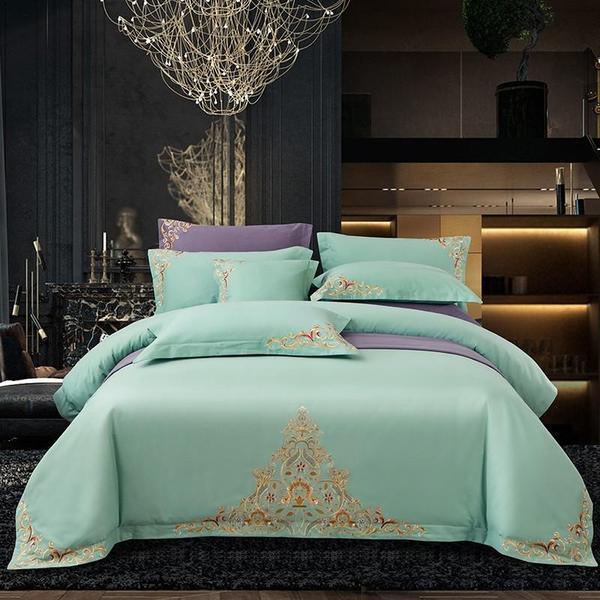 Light Mint Green Elegant Embroidered Cotton European Style Duvet Set - myhomestore.com.pk
