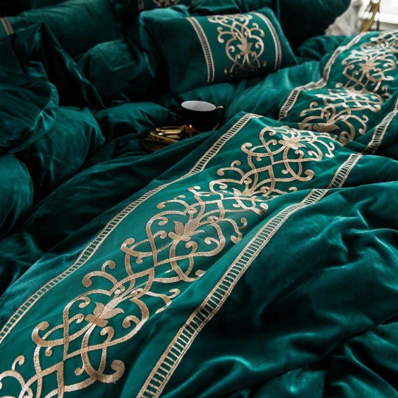 Luxury Leafy Green Embroidered Turkish Velvet Duvet - myhomestore.com.pk