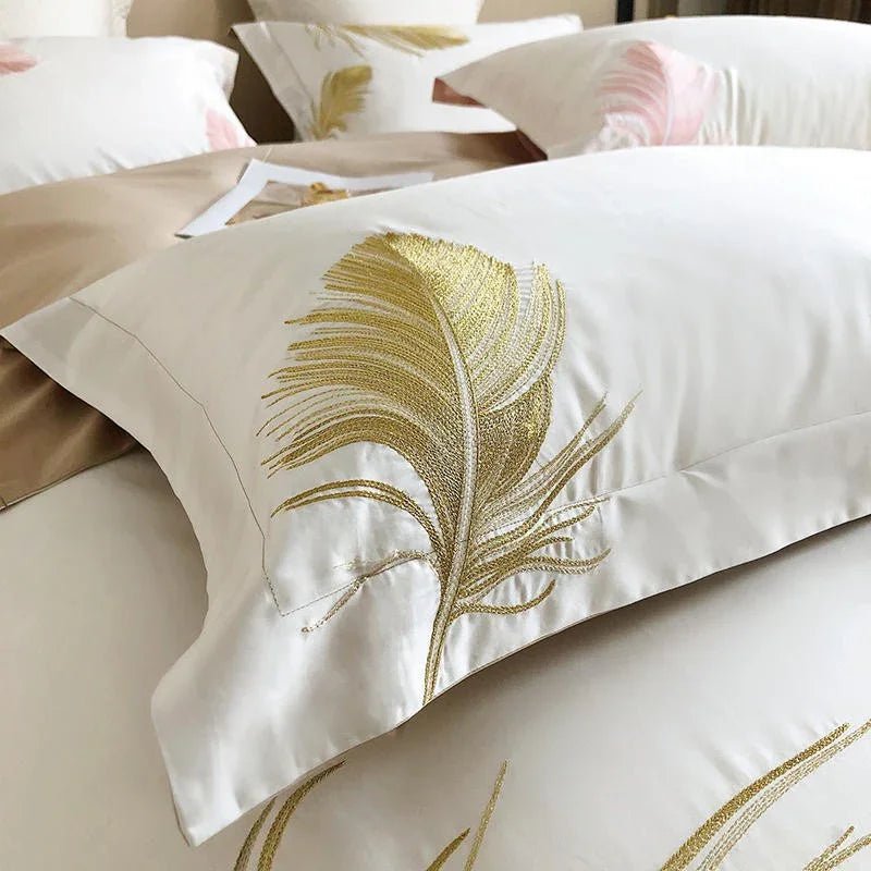 Luxury New Leaf Embroidery Duvet Set Pink and Golden - myhomestore.com.pk