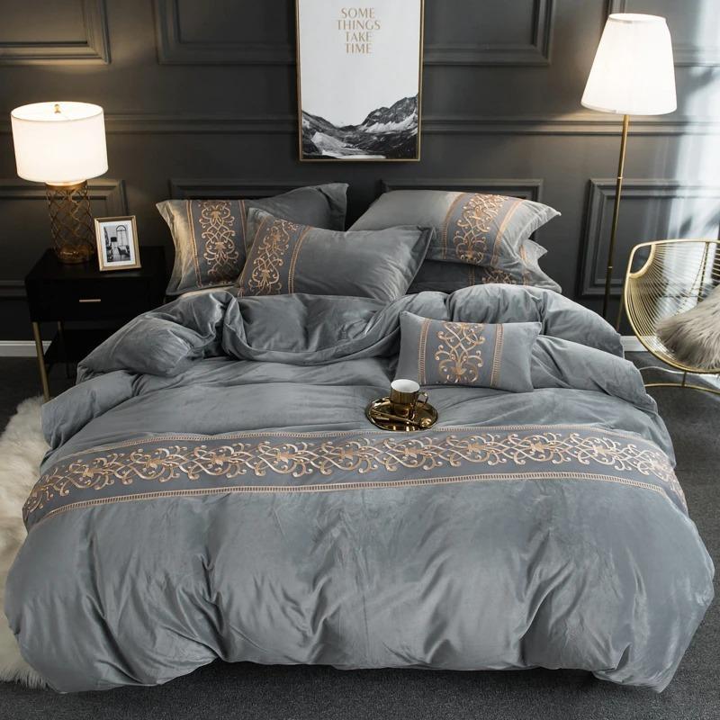 Luxury Silvery Grey with Skin Embroidered Turkish Velvet Duvet - myhomestore.com.pk