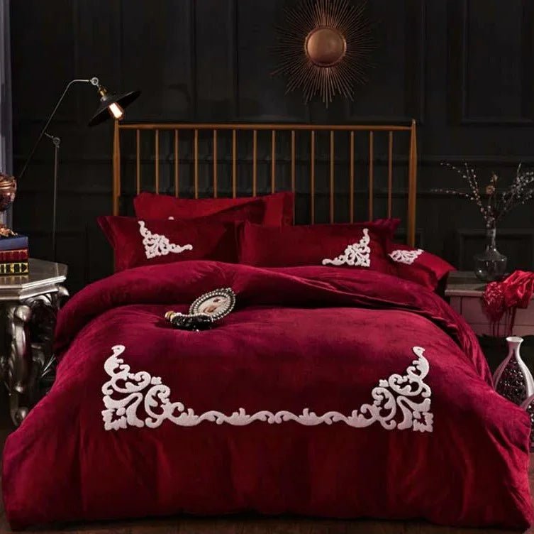 Maroon Ruffle Embroidery Velvet Duvet Set - myhomestore.com.pk