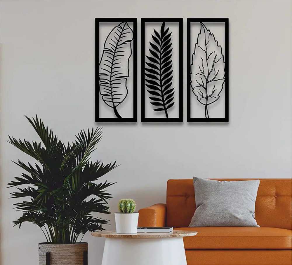 Metal Leaf Wall Art 3 Panels, Wall Decor (pack of 3) - myhomestore.com.pk
