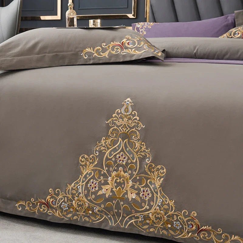 Mocha Elegant Embroidered Cotton European Style Duvet Set - myhomestore.com.pk