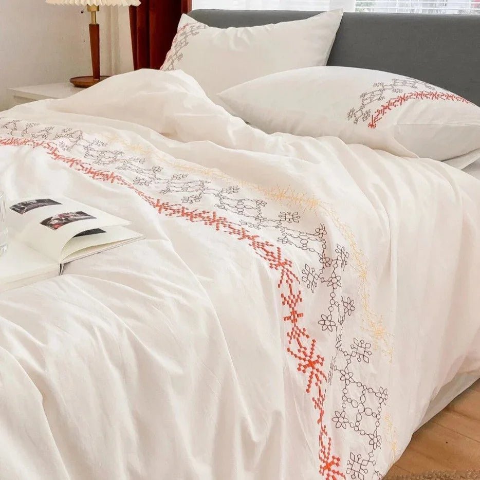 Orange Geometric Embroidered Duvet Set - myhomestore.com.pk