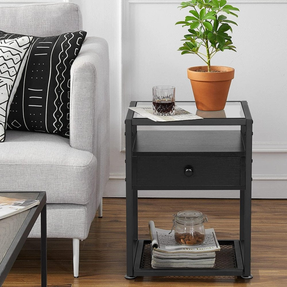 Side Table with Tempered Glass Top and Metal Shelf - myhomestore.com.pk