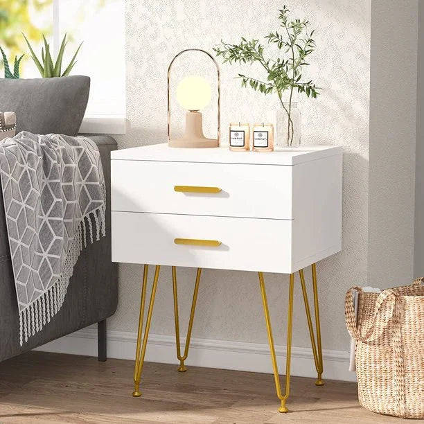 Tribesigns 2 - Drawer White and Gold Nightstand - myhomestore.com.pk