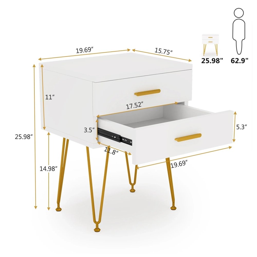 Tribesigns 2 - Drawer White and Gold Nightstand - myhomestore.com.pk
