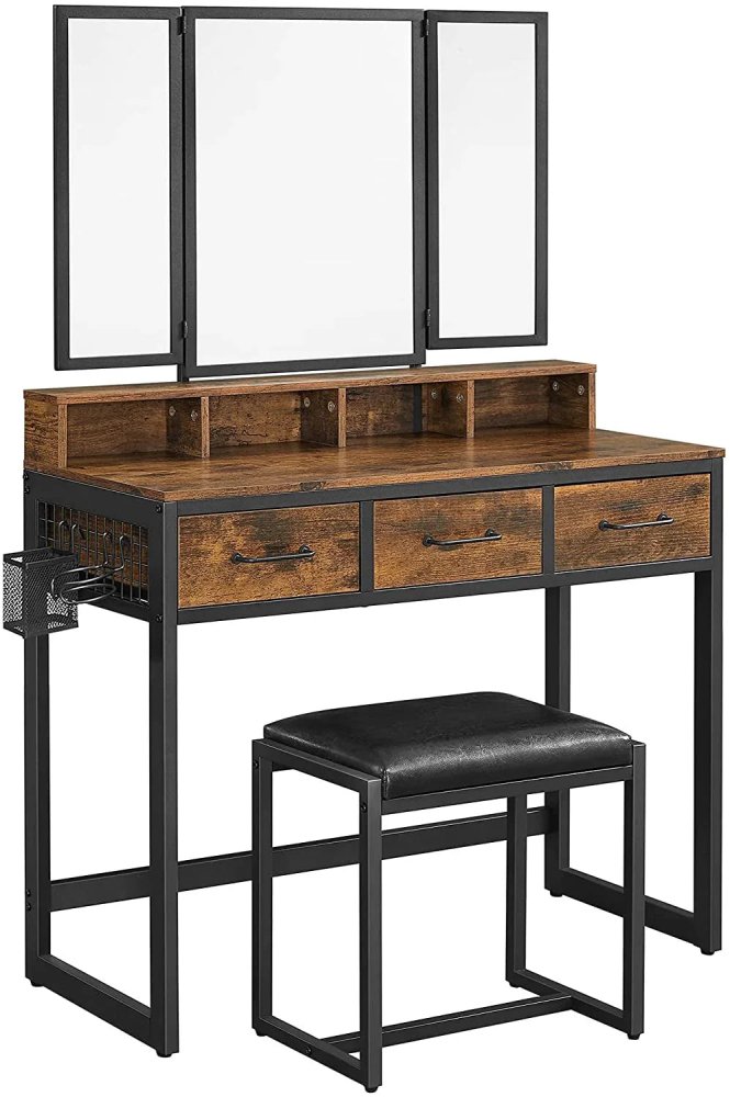 Vanity Table with Upholstered Stool Set, Dressing Table Desk, Makeup Table with Tri - Fold Mirror - myhomestore.com.pk