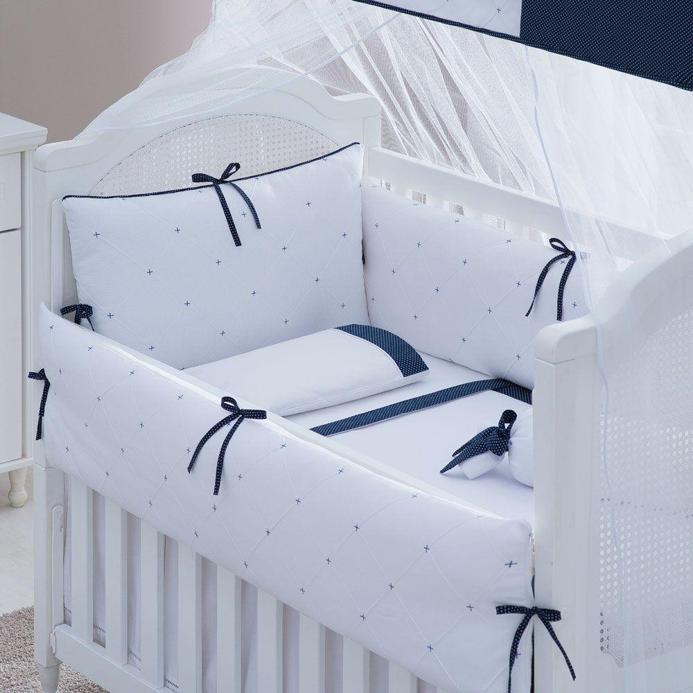White With Dark Blue Baby Cot Set - myhomestore.com.pk