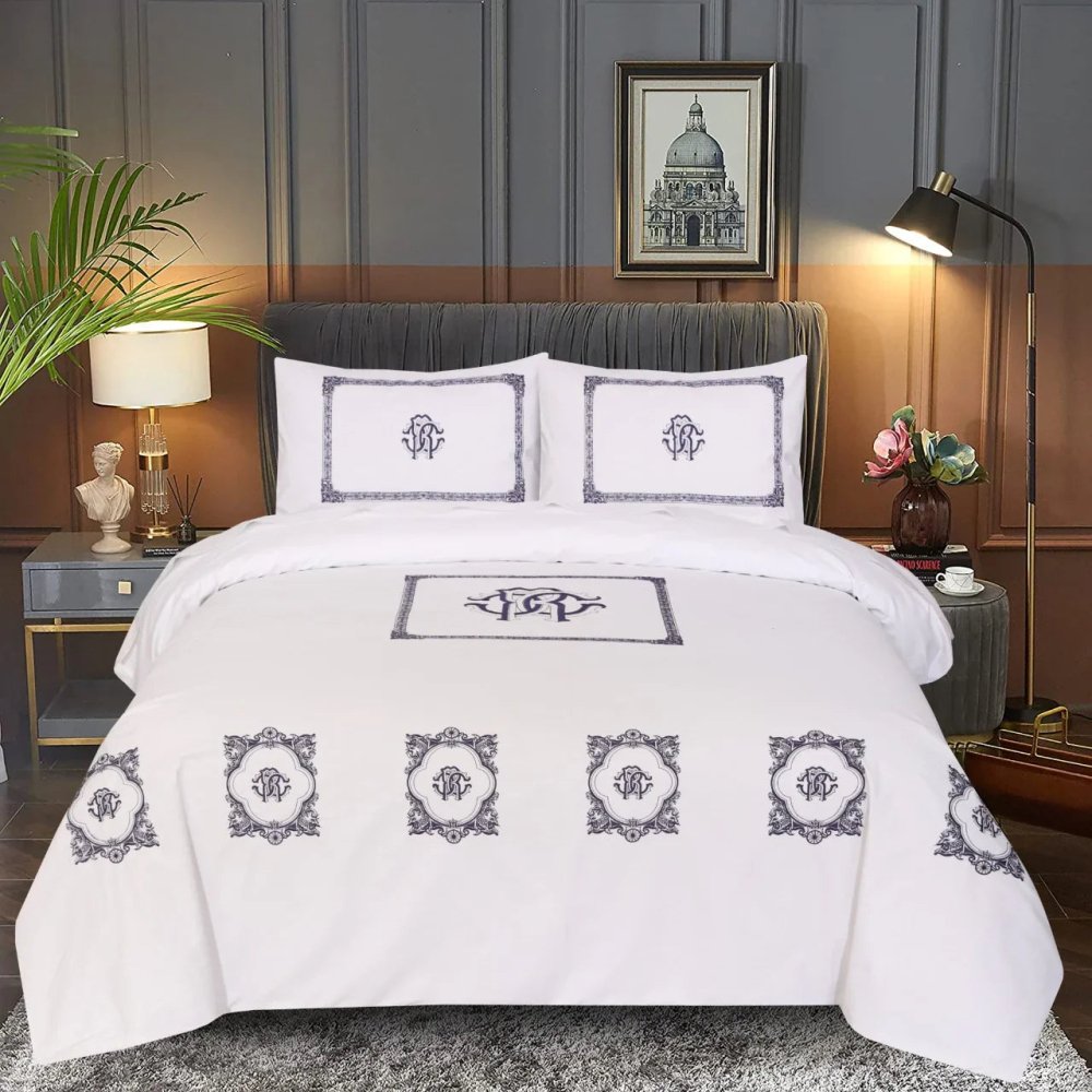 White With Navy Blue Embroidered Duvet Set - myhomestore.com.pk